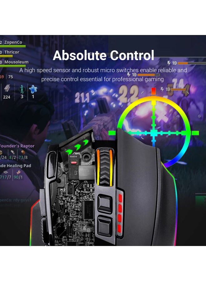 Redragon M801 Gaming Mouse LED RGB Backlit MMO 9 Programmable Buttons Mouse with Macro Recording Side Buttons Rapid Fire Button 16000 DPI for Windows PC Gamer (Wireless, Black)