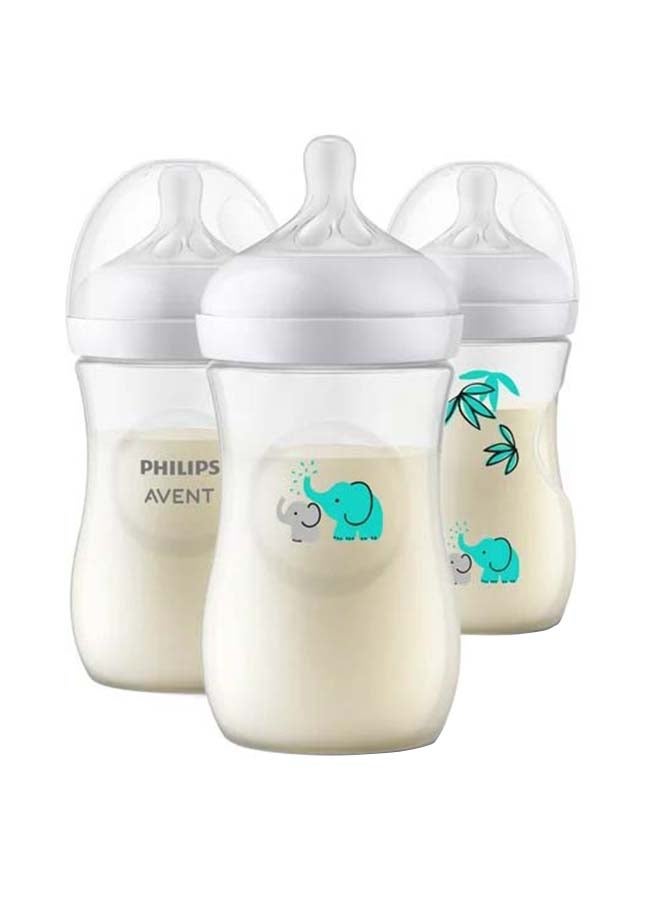 Pack Of 3 Natural Baby Bottle With Natural Response Nipple, Teal Elephant Design, 260Ml