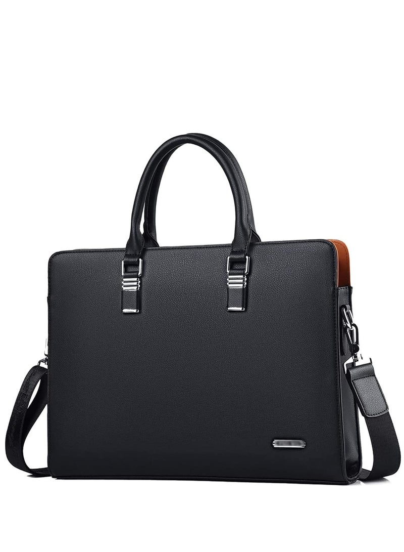 Black Business Bag Leather Briefcase Shoulder Laptop Office Bag Messenger Bag Removable and Adjustable Shoulder Strap Travel Bag for Men