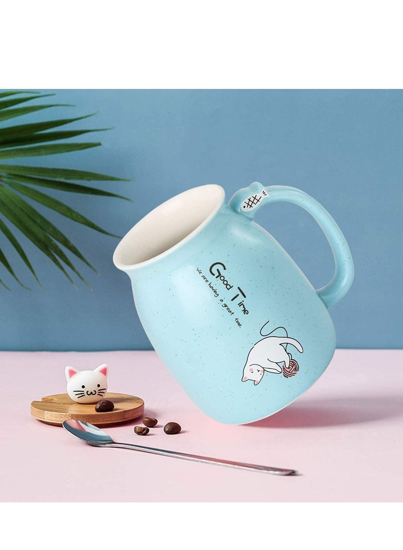 Cat Mug Lovely Ceramic Coffee Cup with Lovely Kitty wooden lid Stainless Steel Spoon, Novelty Morning Cup Tea Milk Mug, Tea Water Milk Mugs for Home Office Drinkware Gift 330MLBlue