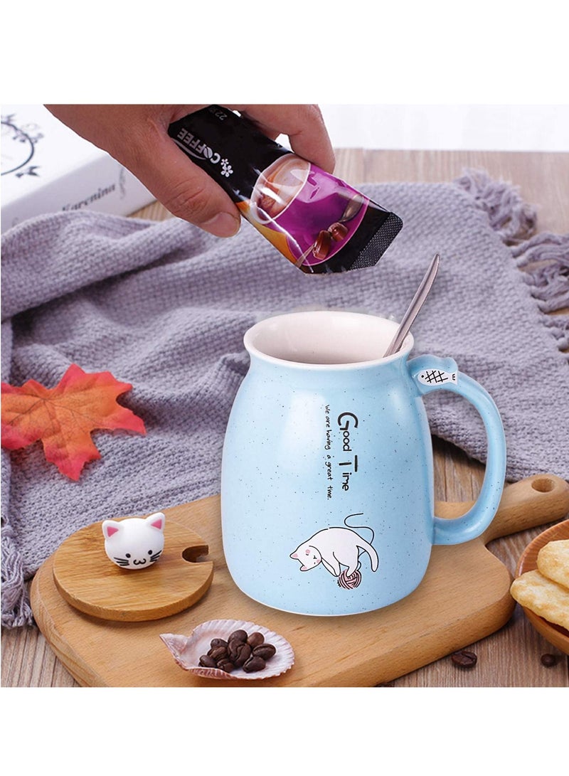 Cat Mug Lovely Ceramic Coffee Cup with Lovely Kitty wooden lid Stainless Steel Spoon, Novelty Morning Cup Tea Milk Mug, Tea Water Milk Mugs for Home Office Drinkware Gift 330MLBlue