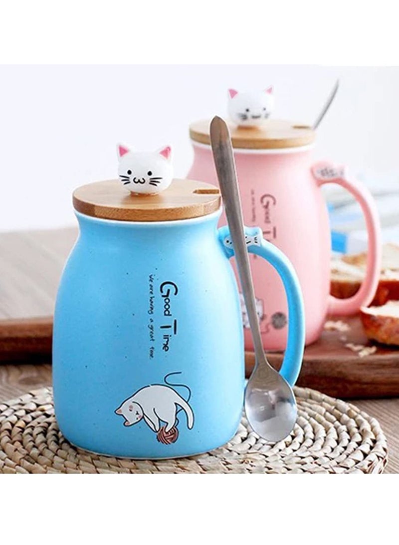 Cat Mug Lovely Ceramic Coffee Cup with Lovely Kitty wooden lid Stainless Steel Spoon, Novelty Morning Cup Tea Milk Mug, Tea Water Milk Mugs for Home Office Drinkware Gift 330MLBlue