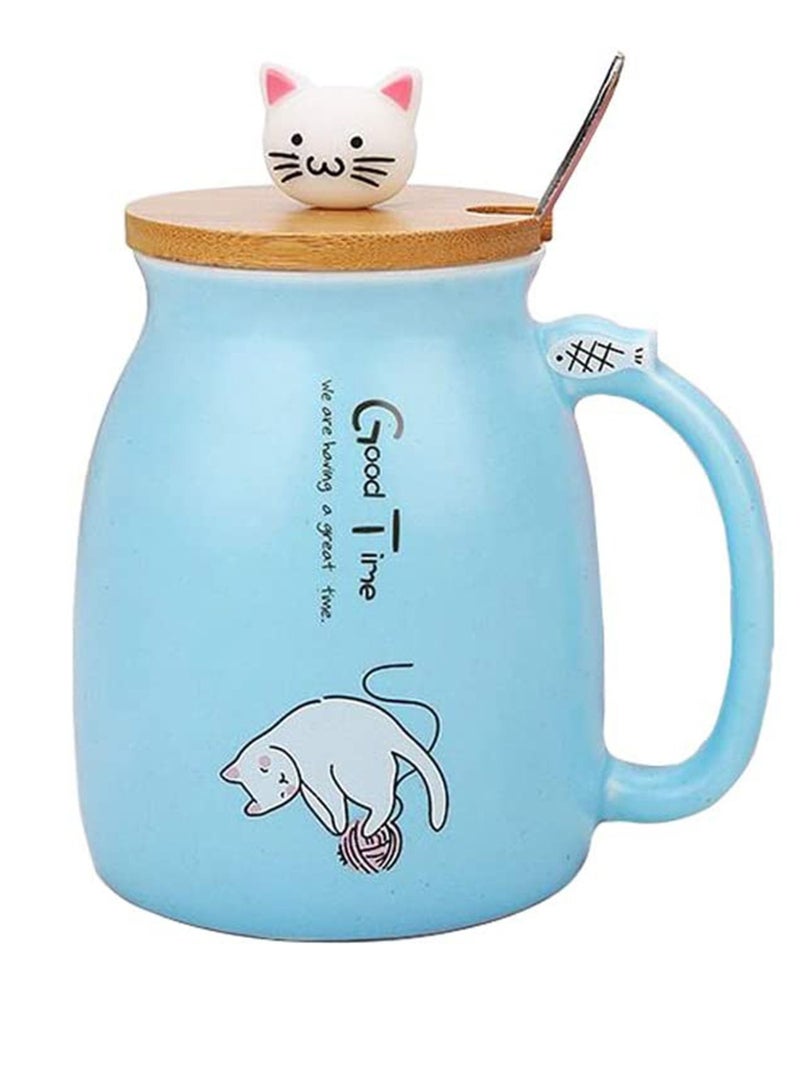 Cat Mug Lovely Ceramic Coffee Cup with Lovely Kitty wooden lid Stainless Steel Spoon, Novelty Morning Cup Tea Milk Mug, Tea Water Milk Mugs for Home Office Drinkware Gift 330MLBlue