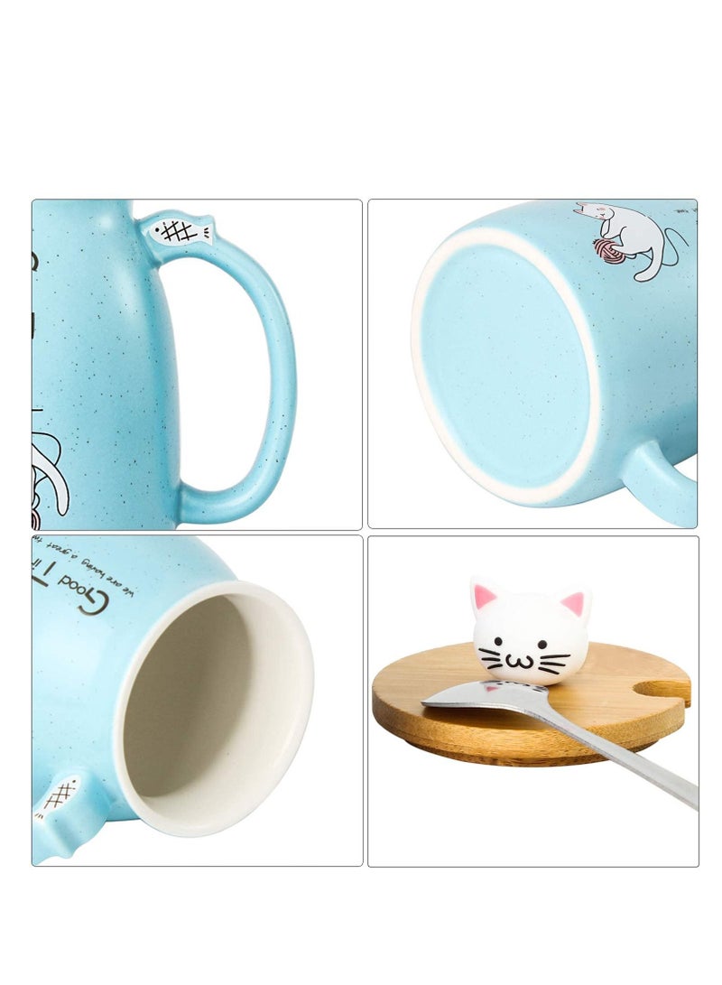 Cat Mug Lovely Ceramic Coffee Cup with Lovely Kitty wooden lid Stainless Steel Spoon, Novelty Morning Cup Tea Milk Mug, Tea Water Milk Mugs for Home Office Drinkware Gift 330MLBlue