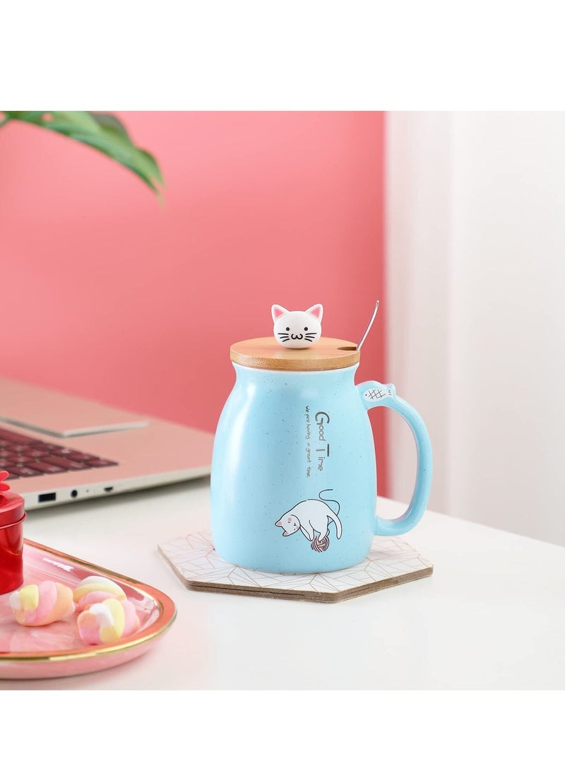 Cat Mug Lovely Ceramic Coffee Cup with Lovely Kitty wooden lid Stainless Steel Spoon, Novelty Morning Cup Tea Milk Mug, Tea Water Milk Mugs for Home Office Drinkware Gift 330MLBlue
