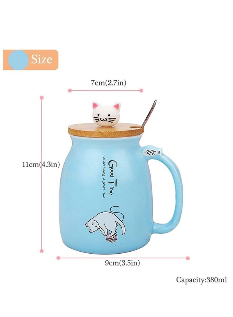 Cat Mug Lovely Ceramic Coffee Cup with Lovely Kitty wooden lid Stainless Steel Spoon, Novelty Morning Cup Tea Milk Mug, Tea Water Milk Mugs for Home Office Drinkware Gift 330MLBlue