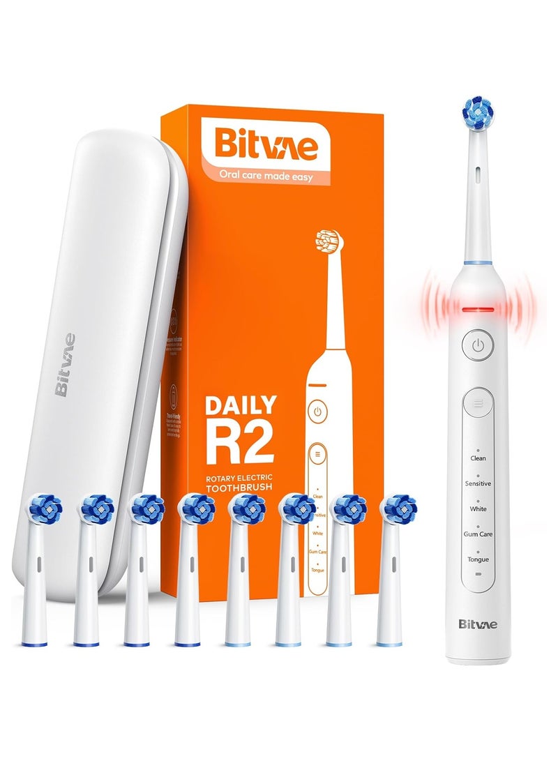 R2 Rotating Electric Toothbrush for Adults with 8 Brush Heads, Travel Case, 5 Modes Rechargeable Power Toothbrush with Pressure Sensor