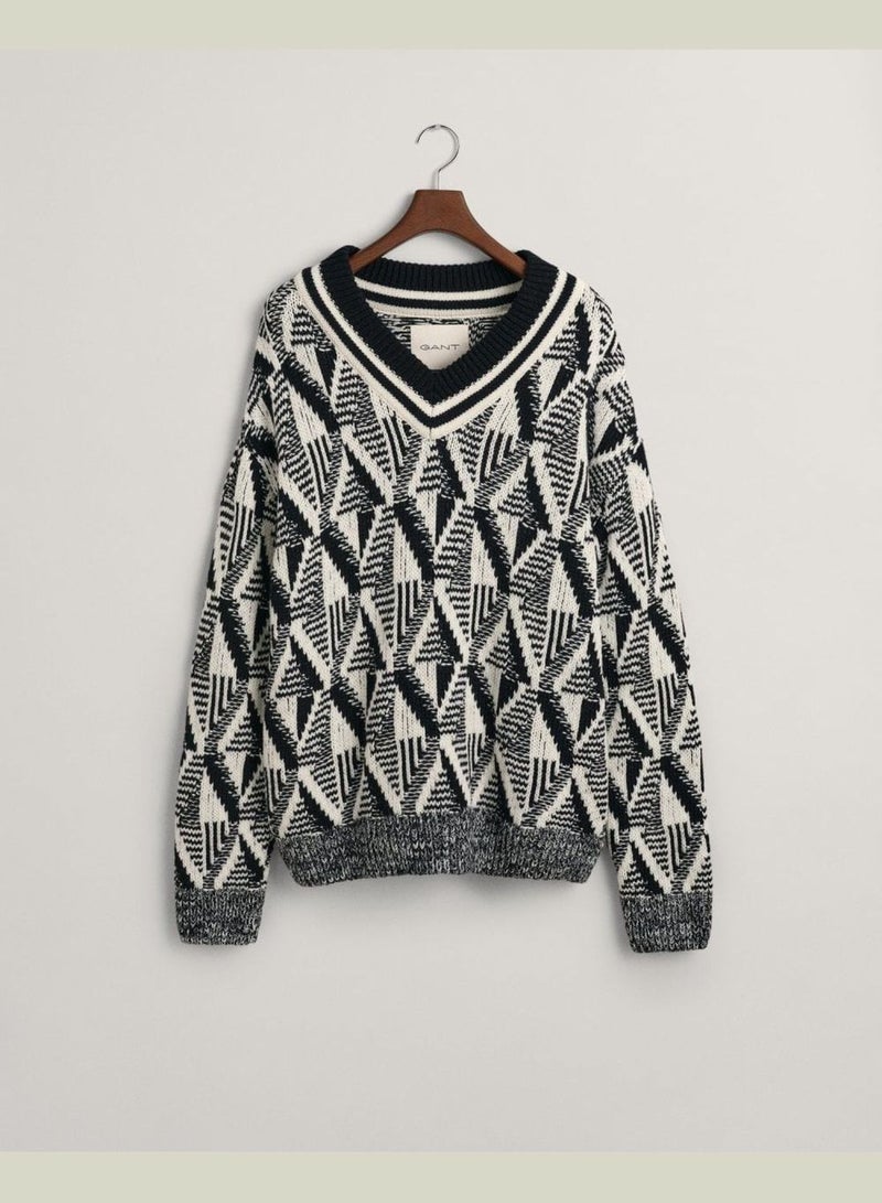 Geometric Patterned V-Neck Sweater