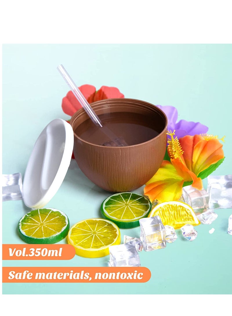 Coconut Cups with Hibiscus Straws, 10PCS Tropical Coconut Drink Cups Kids Cups Spill Proof for Hawaiian Luau Tiki Beach Summer Party Decoration Cups