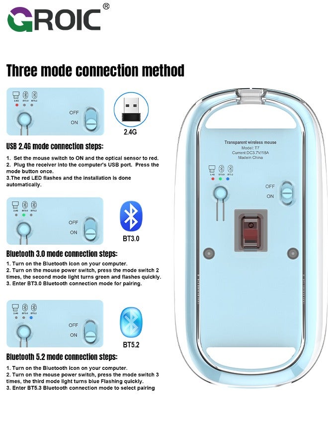 Blue Wireless Mouse, Bluetooth & USB 2.4GHz Mini Lightweight Mouse, Rechargeable Computer Mice, Ergonomic Design, Ambidextrous, Adjustable DPI, Transparent, Soundless