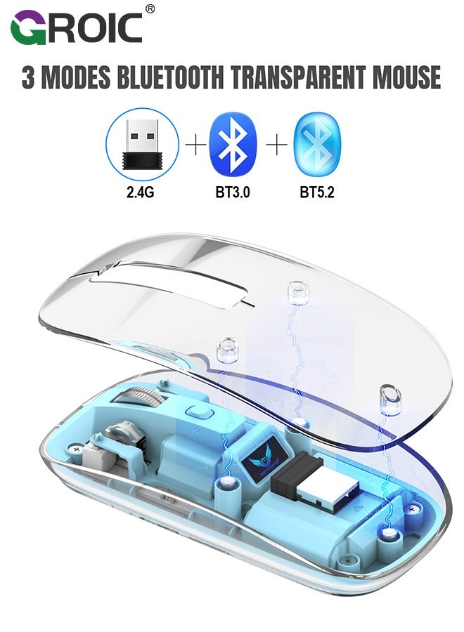 Blue Wireless Mouse, Bluetooth & USB 2.4GHz Mini Lightweight Mouse, Rechargeable Computer Mice, Ergonomic Design, Ambidextrous, Adjustable DPI, Transparent, Soundless