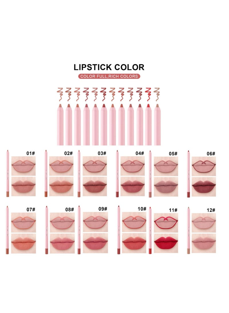 12 Colors High Pigmented Smooth Lip Liner Set, Long Lasting Fade Resistant Lip Pencil, Smudge-proof & Waterproof Red Nude Matte Velvet Lipstick Pen, Professional Lip Liner Set