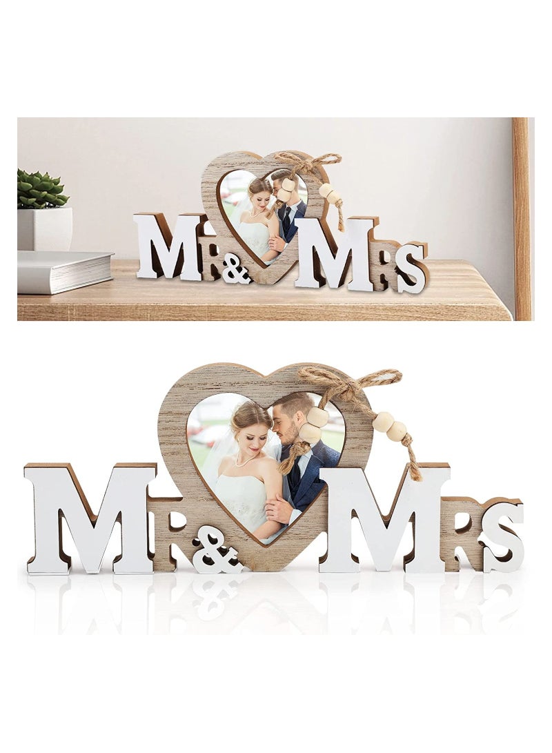 Wedding Gifts with Heart Photo Frame, Wedding Decorations Couple Personalised Photo Frames Romantic Gifts, Wooden Tabletop Picture Frame Mr and Mrs for Anniversary Party Home Decor