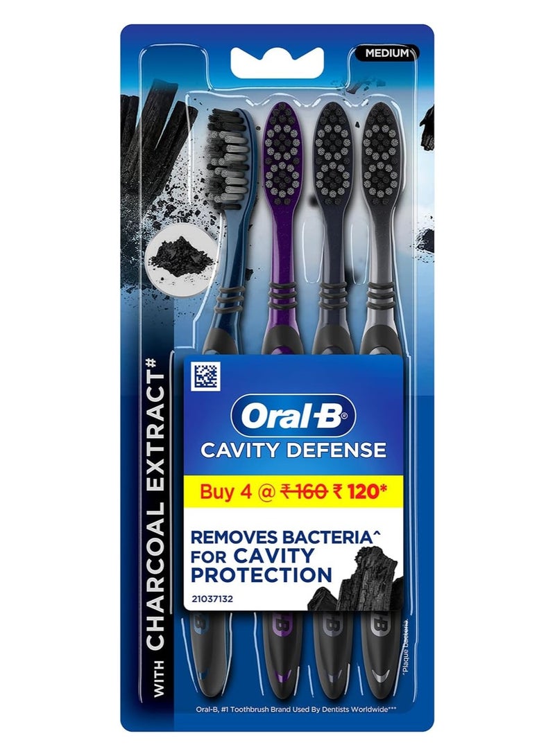 Oral-B Cavity Defence Deep Clean + Whitening Toothbrush with Charcoal Extract Bristles, Tongue Cleaner and Hygienic Head Caps, Medium, Pack of 4