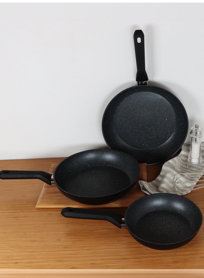 3 Pieces Non-Stick Granite Frying Pans, Non-Toxic Granite Cookware Set, 20cm 24cm 28cm Frying Pan Set with Induction Base, Cooking Skillet for Stir Fries, Dishwasher Safe, PFOA Free, Serenk Excellence Pan Series