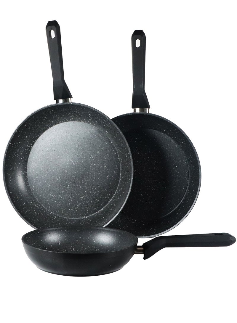 3 Pieces Non-Stick Granite Frying Pans, Non-Toxic Granite Cookware Set, 20cm 24cm 28cm Frying Pan Set with Induction Base, Cooking Skillet for Stir Fries, Dishwasher Safe, PFOA Free, Serenk Excellence Pan Series