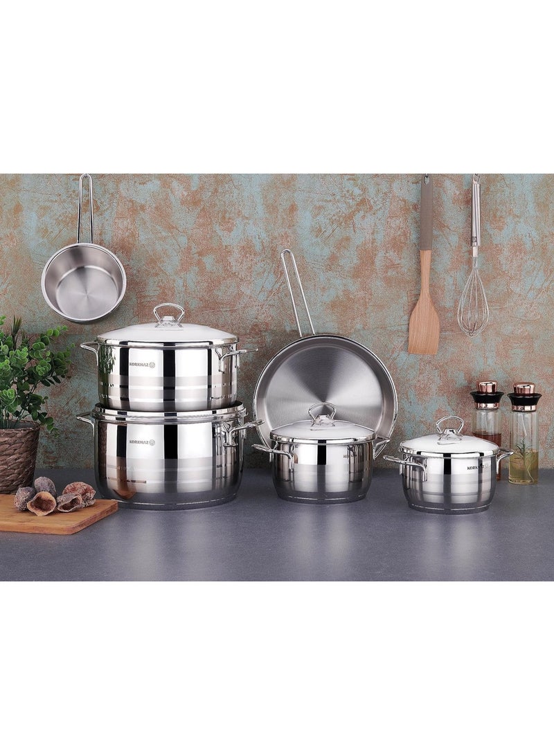 Home Korkmaz Astra Cr-Ni 9-Piece Stainless Steel Cookware Set, Pots and Pan Set with Aluminum Bottom Capsule Base Provides Fast and Even Heat Distribution, Silver