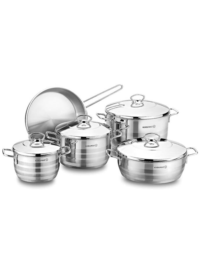 Home Korkmaz Astra Cr-Ni 9-Piece Stainless Steel Cookware Set, Pots and Pan Set with Aluminum Bottom Capsule Base Provides Fast and Even Heat Distribution, Silver