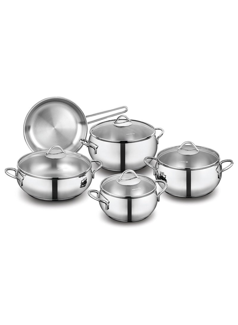Korkmaz Tombik 9 Pieces Stainless Steel Cookware Set, Induction Base Pots and Pans Set Silver