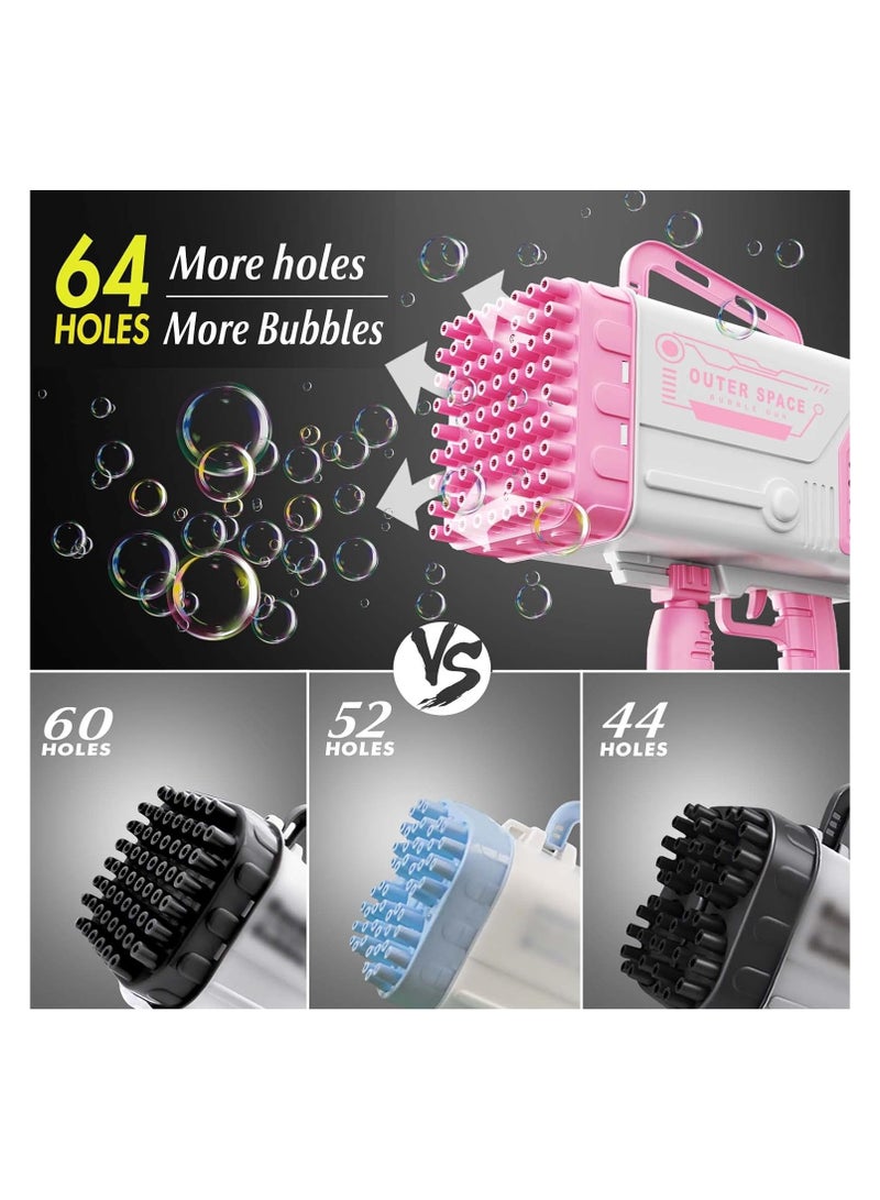 BrainGiggles 64 Holes Electric Rocket Bubble Gun with Lights Kids Toy Bubble Maker for Summer Party Fun (Pink)
