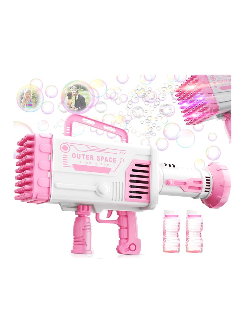 BrainGiggles 64 Holes Electric Rocket Bubble Gun with Lights Kids Toy Bubble Maker for Summer Party Fun (Pink)