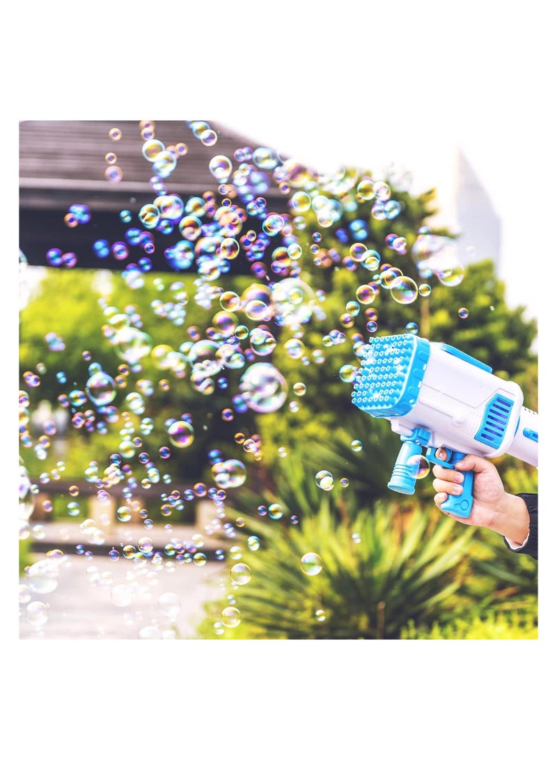 BrainGiggles 64 Holes Electric Rocket Bubble Gun with Lights Kids Toy Bubble Maker for Summer Party Fun (Blue)