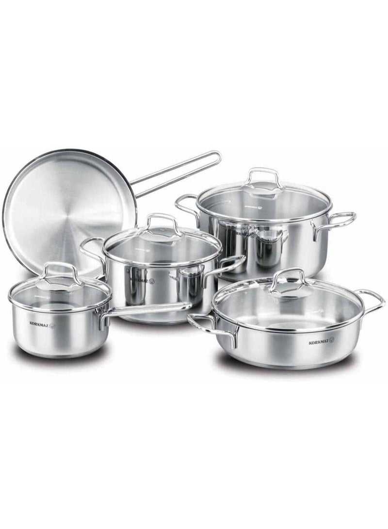 korkmaz Perla 9 Piece High End Stainless Steel Induction Ready Cookware Set with Tri Ply Encapsulated Base