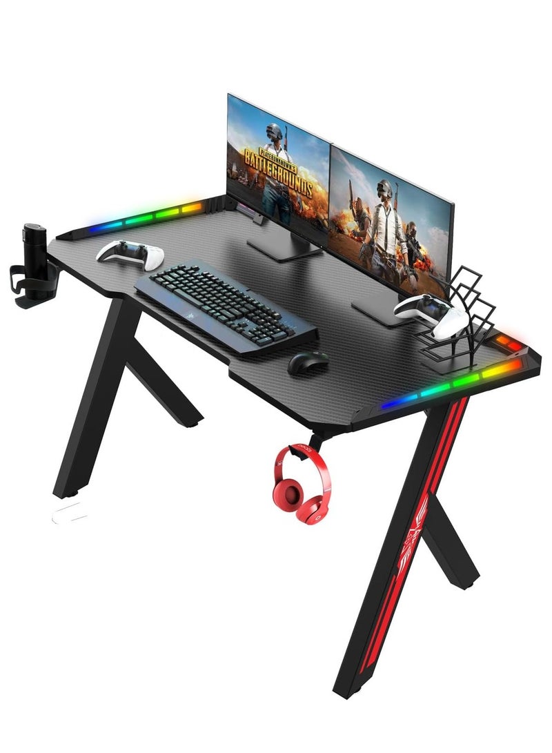 Home Office Desk Ergonomic Gaming Desk with RGB LED Lights Computer Gamer Table with Carbon Fiber Desktop and Cup Holder & Hedphone Hook (120cm x 60cm x 74cm)