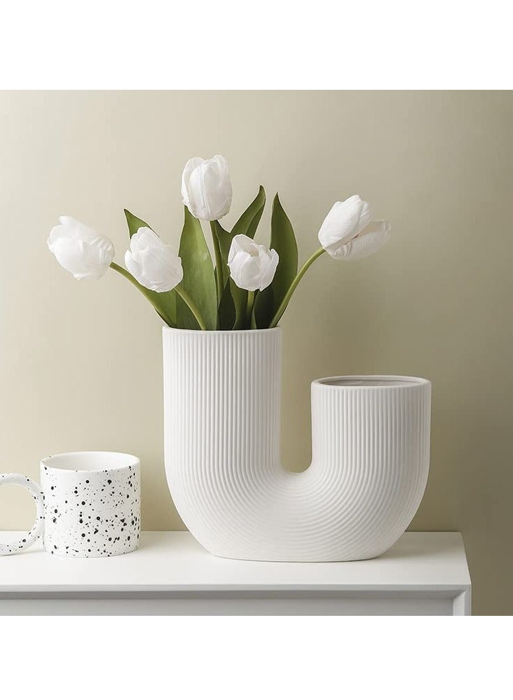 White Ripple pattern U vase |with 10pcs vase fillers| Multi occasional Modern Minimalist Flower Vase for Elegant Home Décor | Living Room Centerpiece | for Flower Arrangements | Ideal Gift