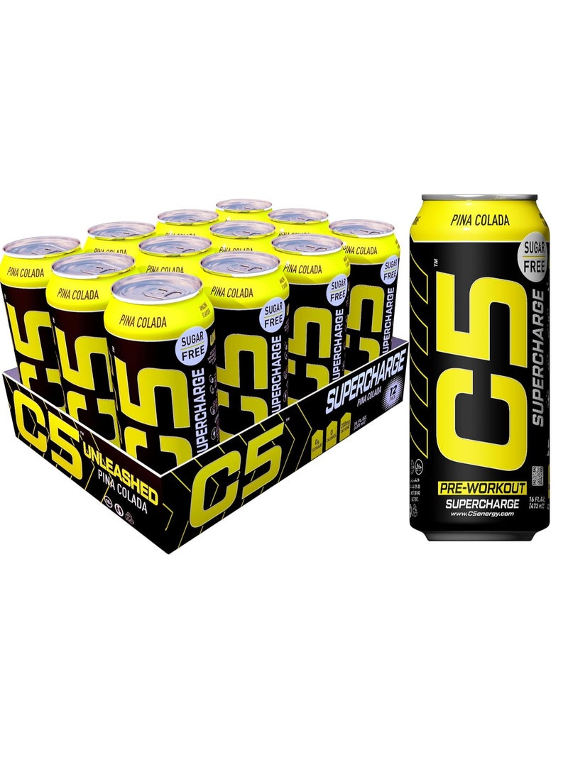 C5 Energy Drink Supercharge Pina Colada Pre-Workout, Sugar Free,150mg Caffiene, Zero Calories with Beta Alanine, L-Arginine, Pack of 12 16 oz (473ml)
