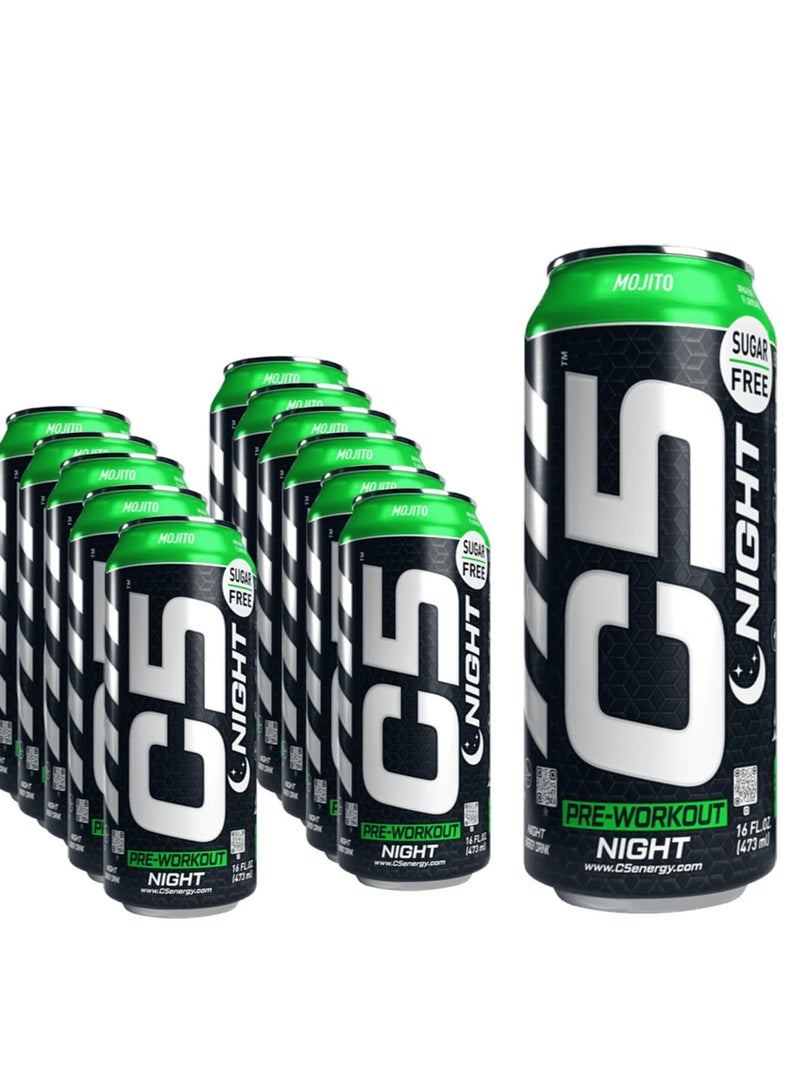 C5 Energy Drink Pre Workout Zero Caffeine, Sugar Free, Zero Calories with Beta Alanine, L-Arginine 16fl.OZ, 473ml - Pack of 12 (MOJITO NIGHT)