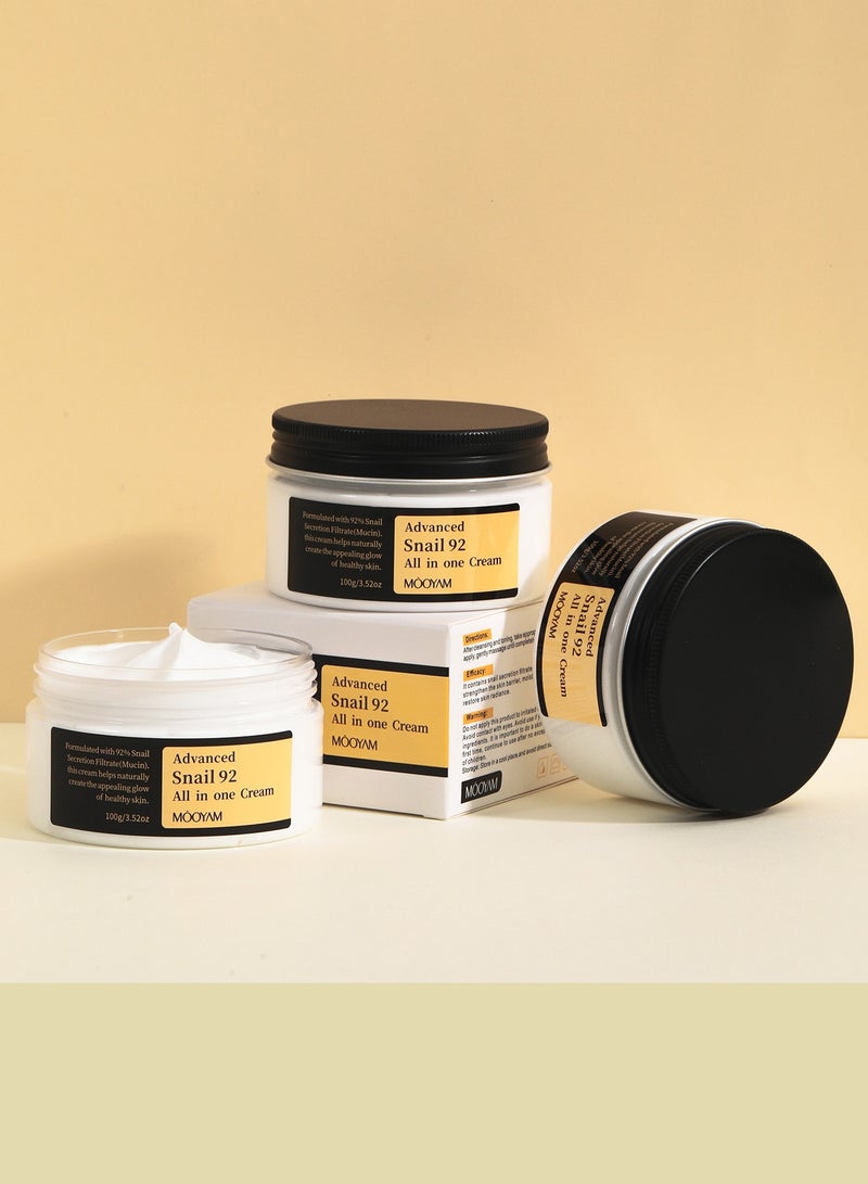 Advanced Snail 92 All In One Cream 100grams, 92% Snail Mucin Serum, Snail Mucin Moisturizer Face Cream For Women, Hydrating Face Cream For Dry And Sensitive Skin, No Parabens