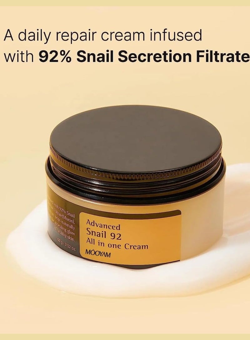 Advanced Snail 92 All In One Cream 100grams, 92% Snail Mucin Serum, Snail Mucin Moisturizer Face Cream For Women, Hydrating Face Cream For Dry And Sensitive Skin, No Parabens