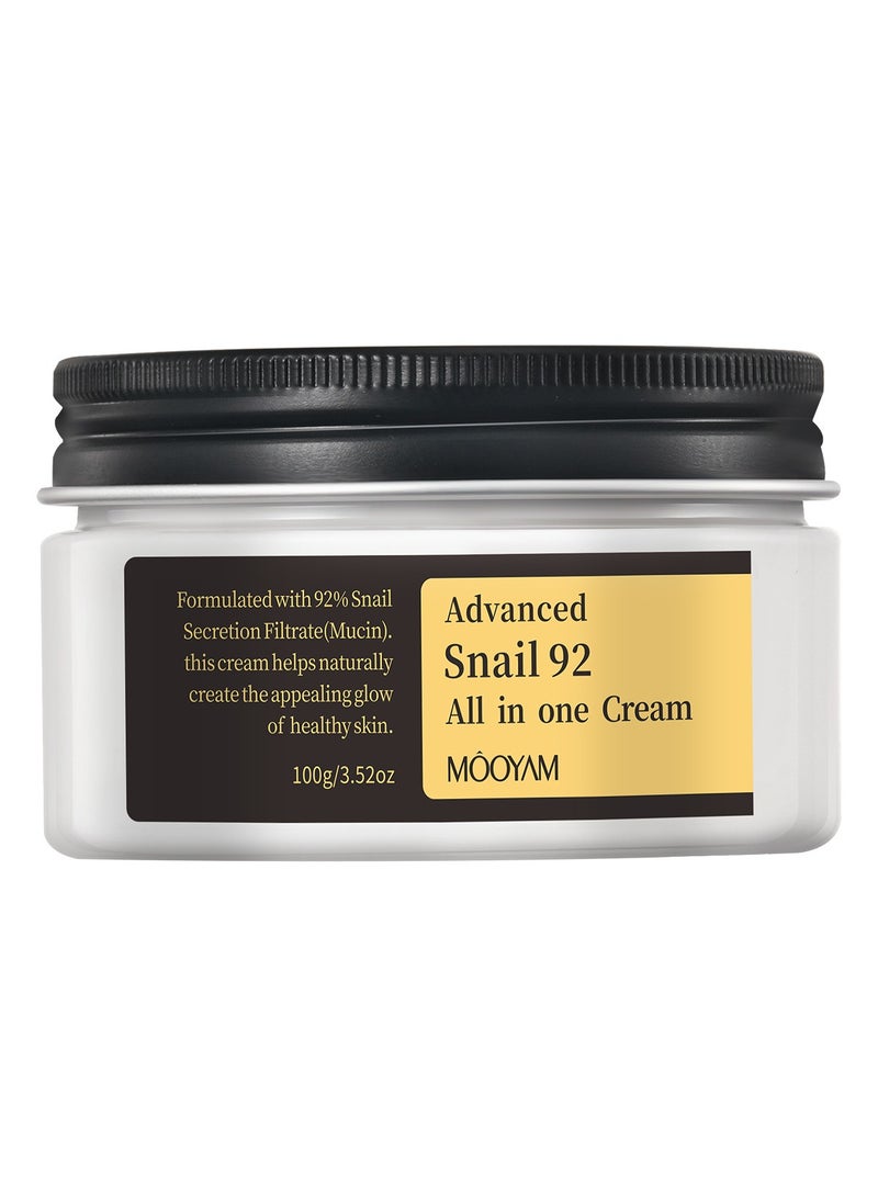 Advanced Snail 92 All In One Cream 100grams, 92% Snail Mucin Serum, Snail Mucin Moisturizer Face Cream For Women, Hydrating Face Cream For Dry And Sensitive Skin, No Parabens