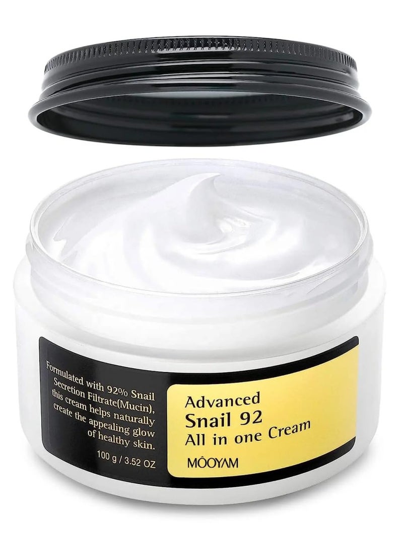 Advanced Snail 92 All In One Cream 100grams, 92% Snail Mucin Serum, Snail Mucin Moisturizer Face Cream For Women, Hydrating Face Cream For Dry And Sensitive Skin, No Parabens