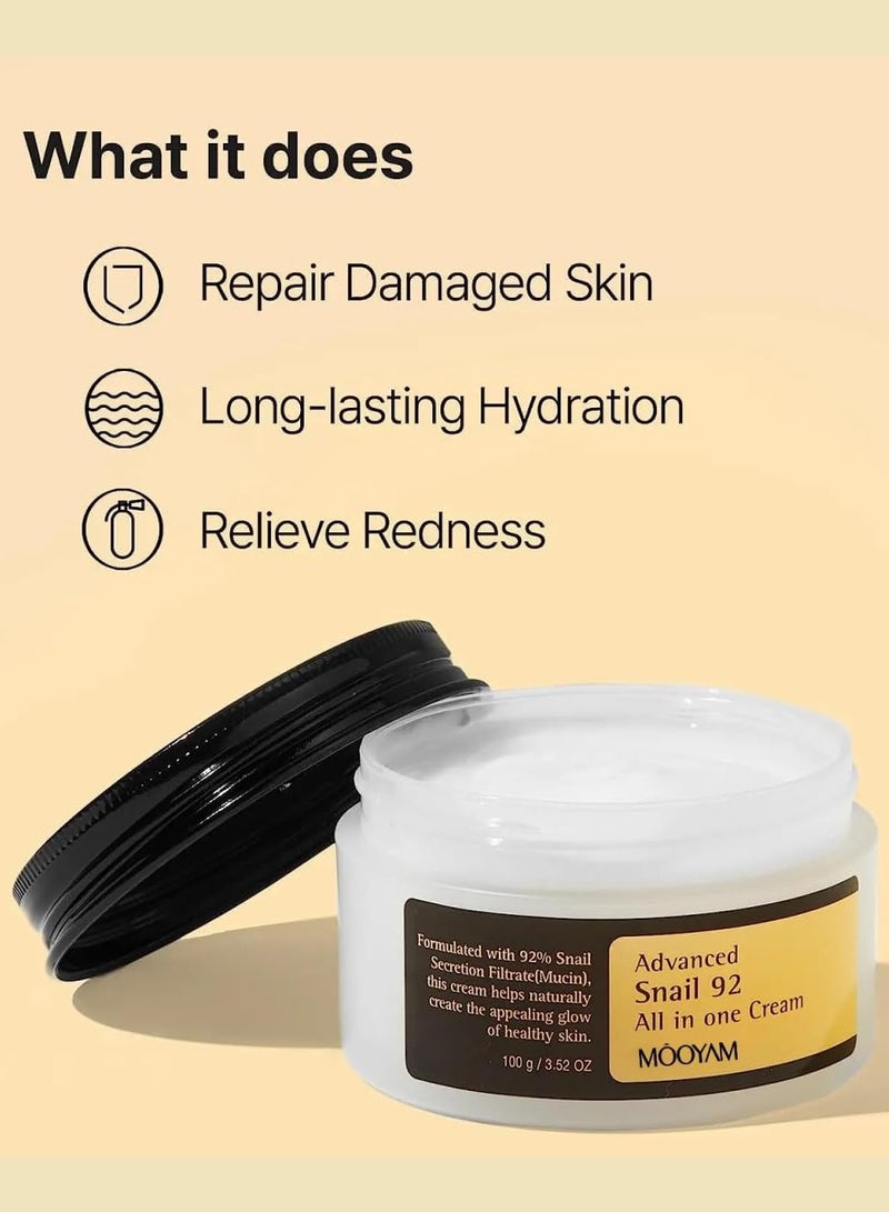 Advanced Snail 92 All In One Cream 100grams, 92% Snail Mucin Serum, Snail Mucin Moisturizer Face Cream For Women, Hydrating Face Cream For Dry And Sensitive Skin, No Parabens