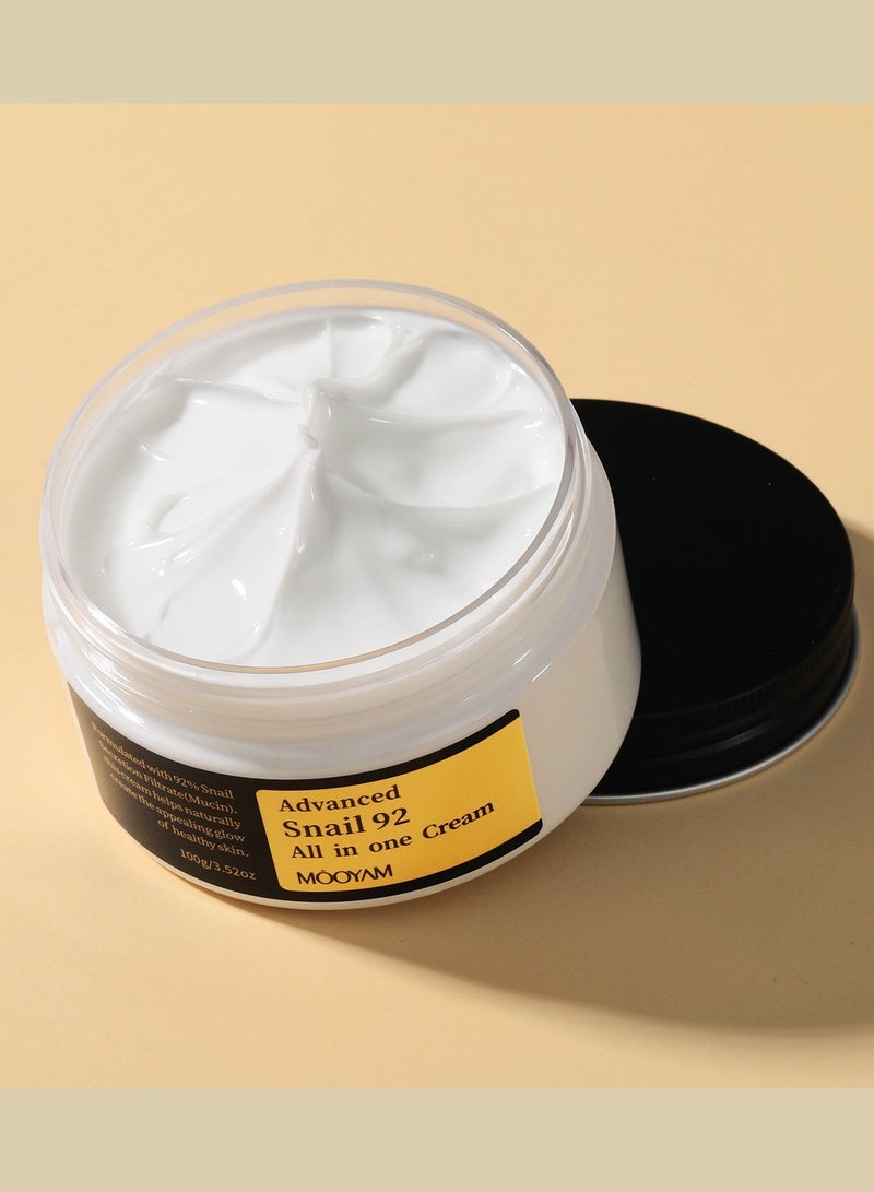 Advanced Snail 92 All In One Cream 100grams, 92% Snail Mucin Serum, Snail Mucin Moisturizer Face Cream For Women, Hydrating Face Cream For Dry And Sensitive Skin, No Parabens