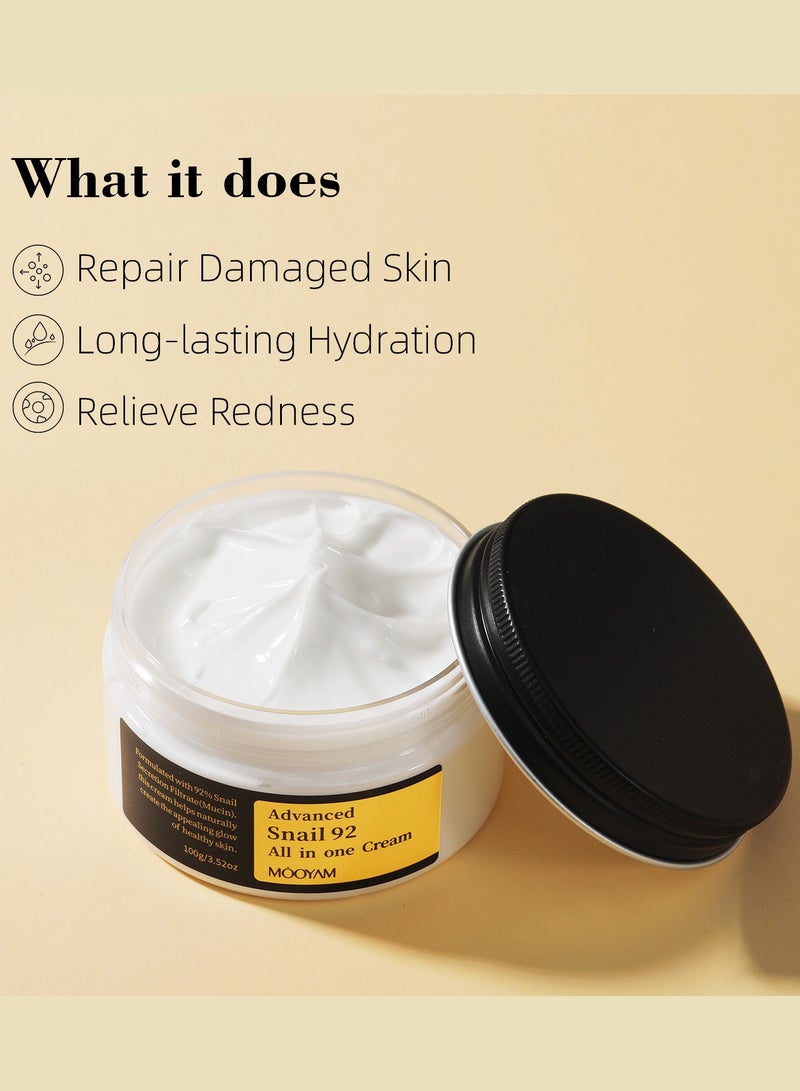 Advanced Snail 92 All In One Cream 100grams, 92% Snail Mucin Serum, Snail Mucin Moisturizer Face Cream For Women, Hydrating Face Cream For Dry And Sensitive Skin, No Parabens