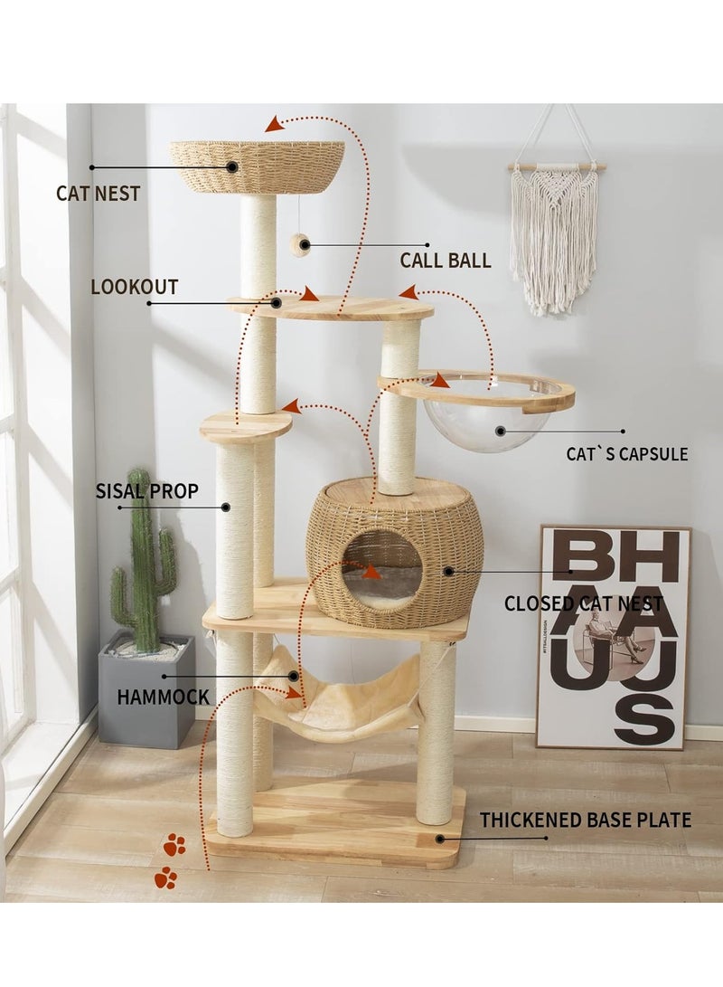 Modern Cat Tree Tower for Indoor Cats  Solid Oak Cat Scratching Tree for Multiple Large Cats Manual Hand Woven Luxury Cat Condo, Unique High-end Design Cat Furniture Activity Centre, Easy Clean