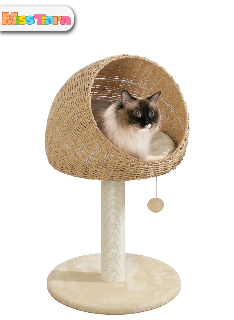 Modern Cat Tree Tower for Indoor Cats Solid Oak Cat Scratching Tree for Cats Manual Hand Woven Luxury Cat Condo, Unique High-end Design Cat Furniture Activity Centre, Easy Clean