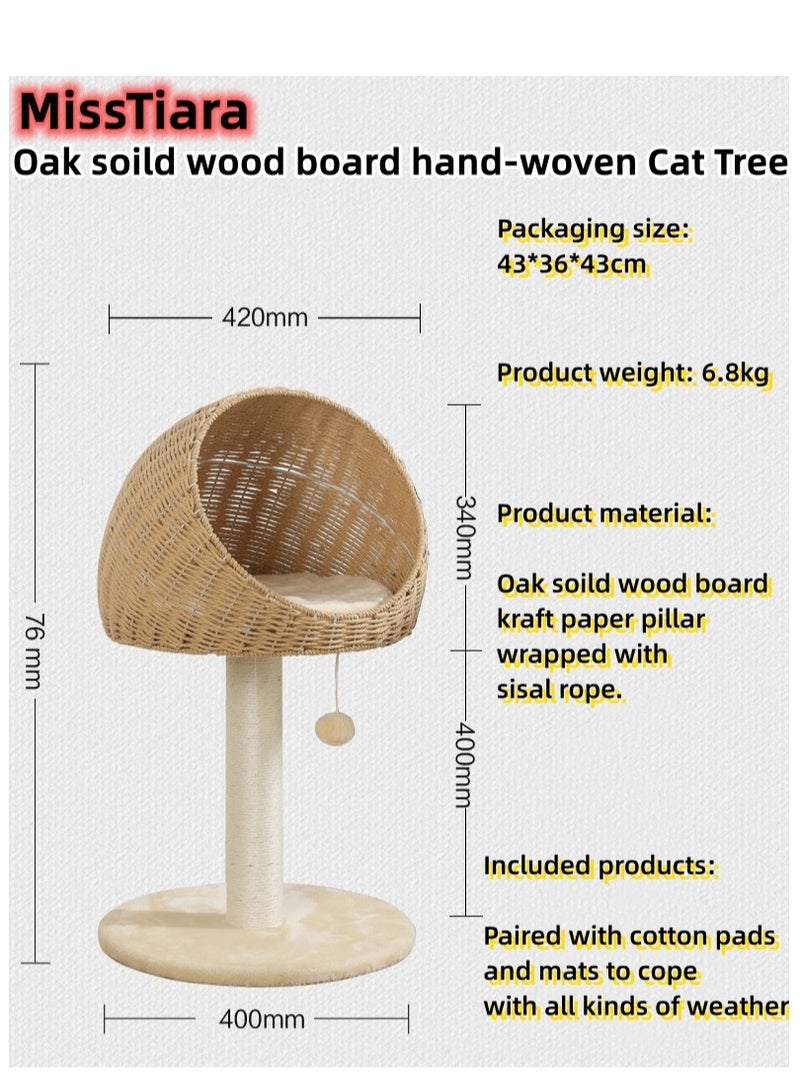 Modern Cat Tree Tower for Indoor Cats Solid Oak Cat Scratching Tree for Cats Manual Hand Woven Luxury Cat Condo, Unique High-end Design Cat Furniture Activity Centre, Easy Clean