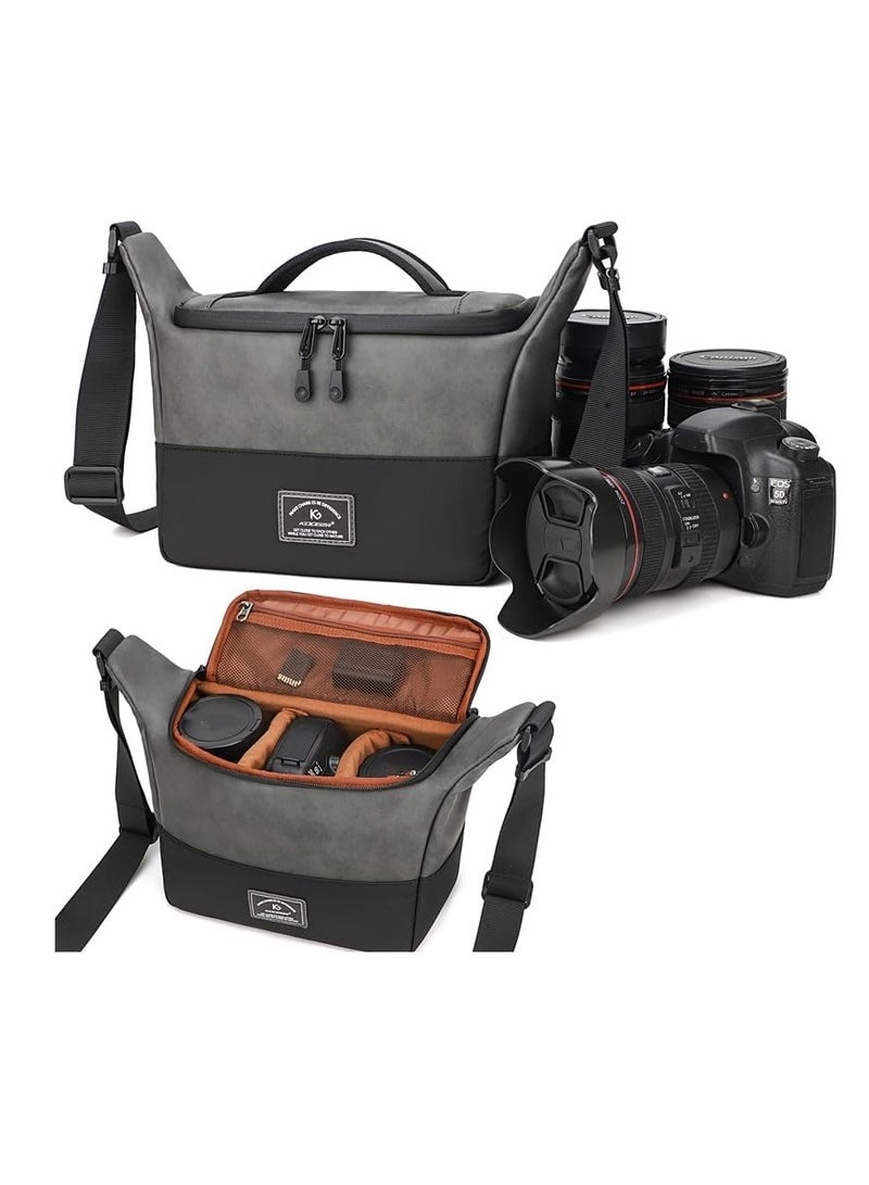 Camera Bag for Photography & Travel, PU Leather, Gray, Removable Insert, Water Resistant PU Leather Shoulder Crossbody Photography Bag SLR Camera Bag Lens Storage Bag