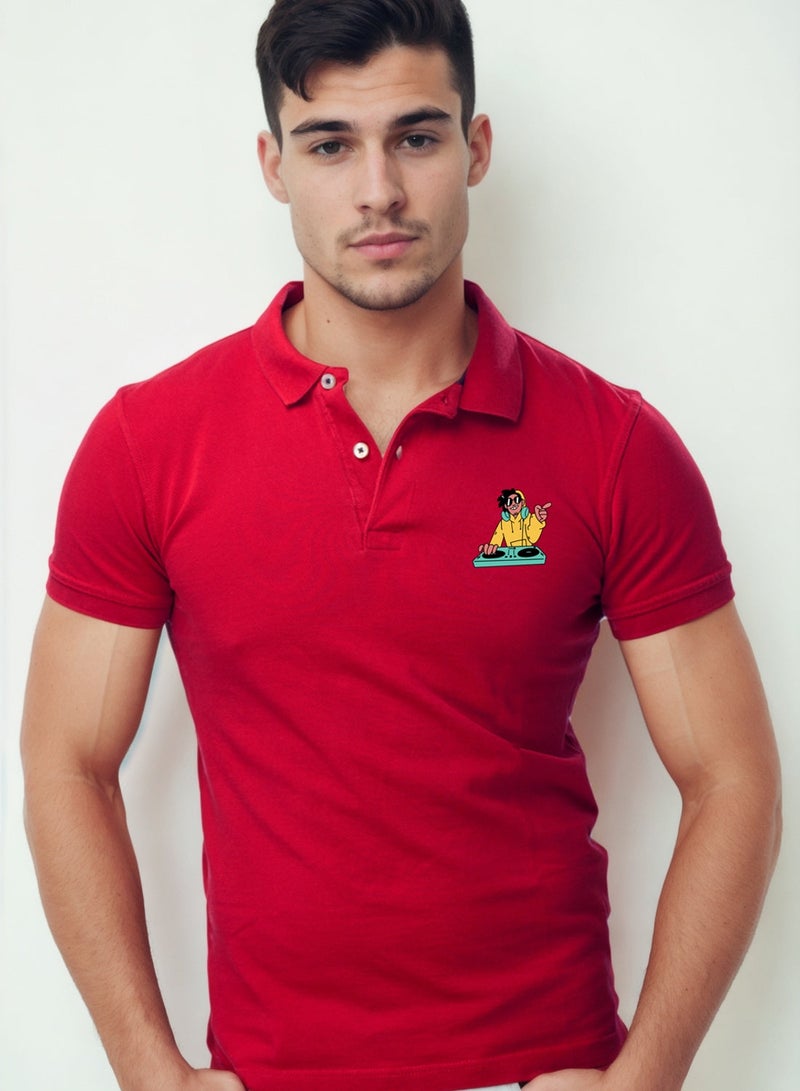 Dj Pocket Printed Red Polo Tshirt