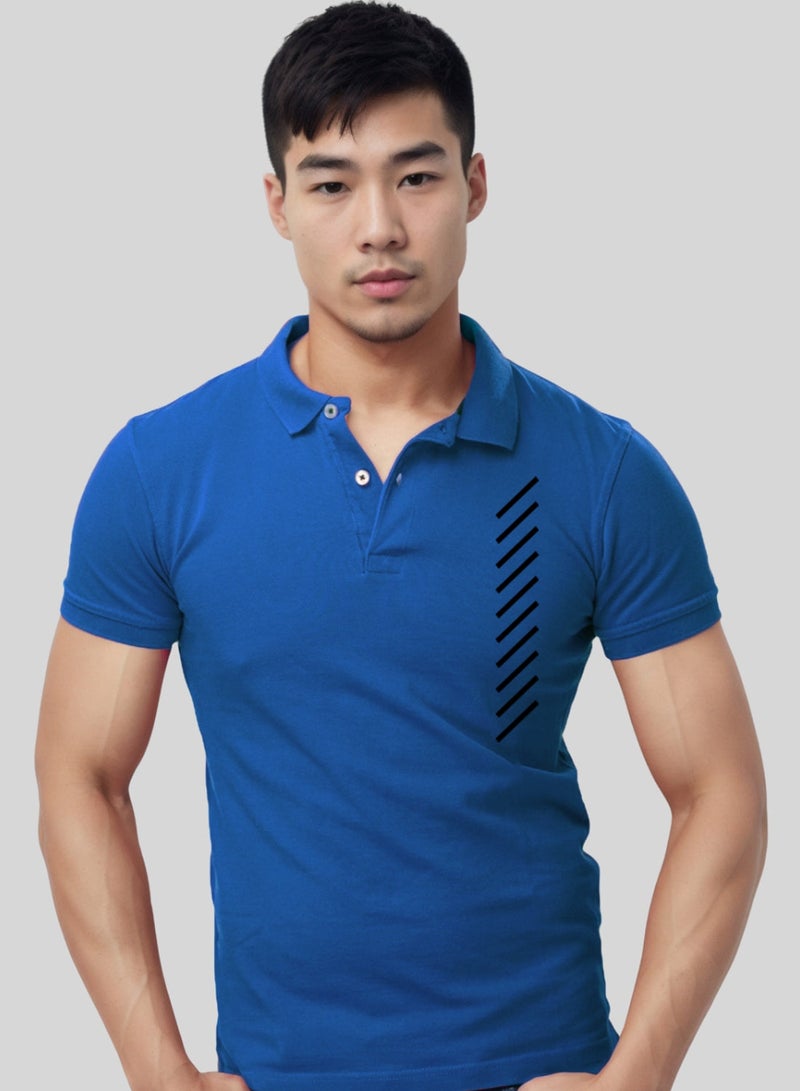 Vertical Line Pocket Printed Blue Polo Tshirt