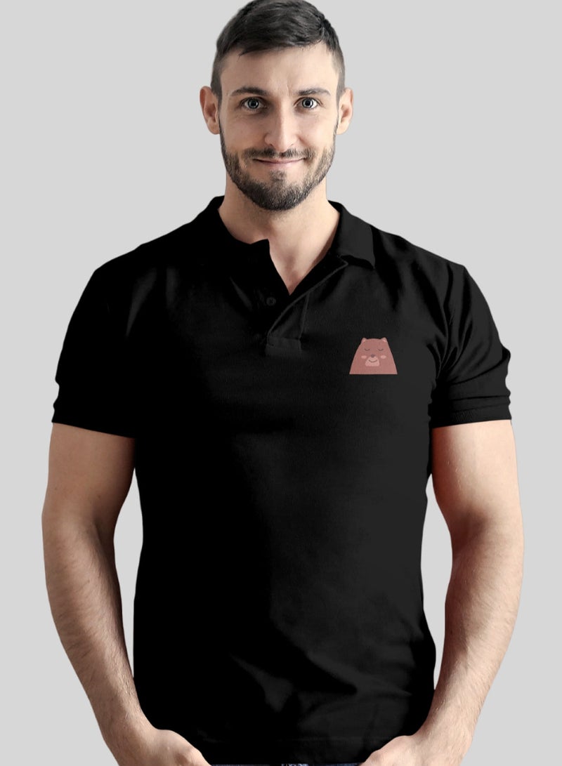 Cute Bear Pocket Printed Black Polo Tshirt