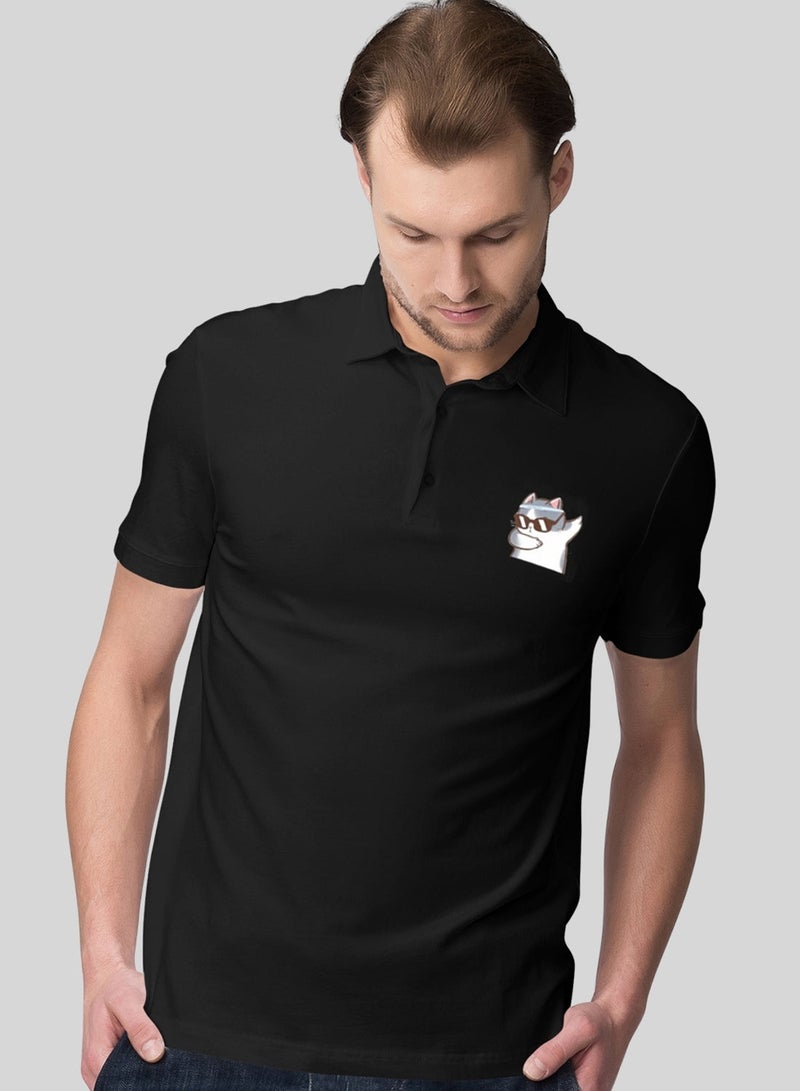 Cat Dab Pocket Printed Black Polo Tshirt
