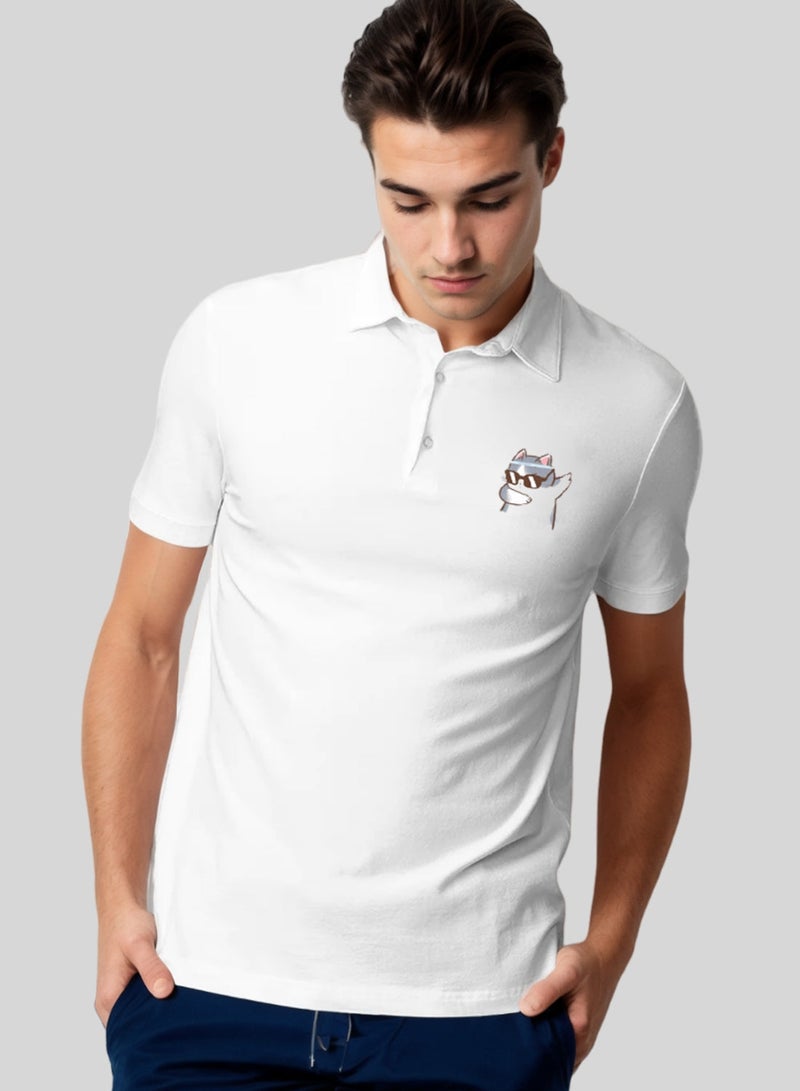 Cat Dab Pocket Printed White Polo Tshirt