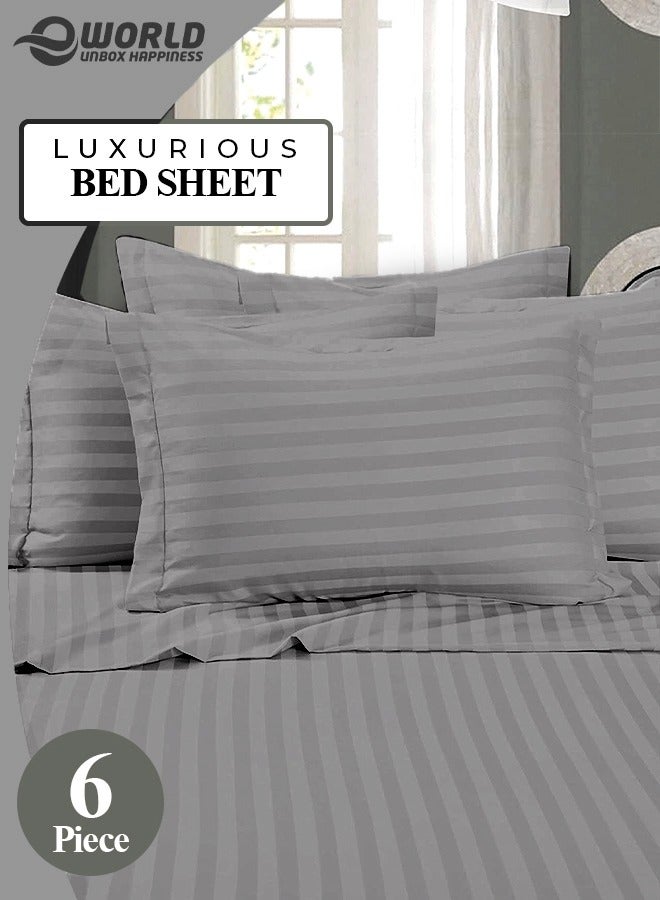 6-Piece Premium King Size Bedding Set, Grey Striped Design and High Quality Cotton Hotel Luxury Bedsheet Soft Quilt Cover and Pillowcases