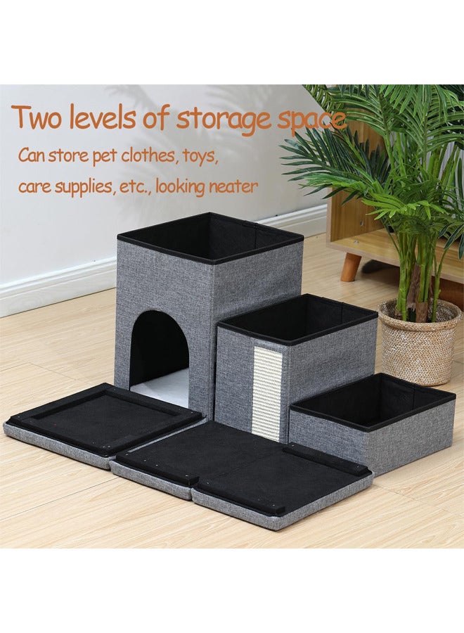 Dog Stairs with Pet House,3-Step Foldable Storage Indoor Dog Steps withScratcher for Puppy,Cats(Grey -House)