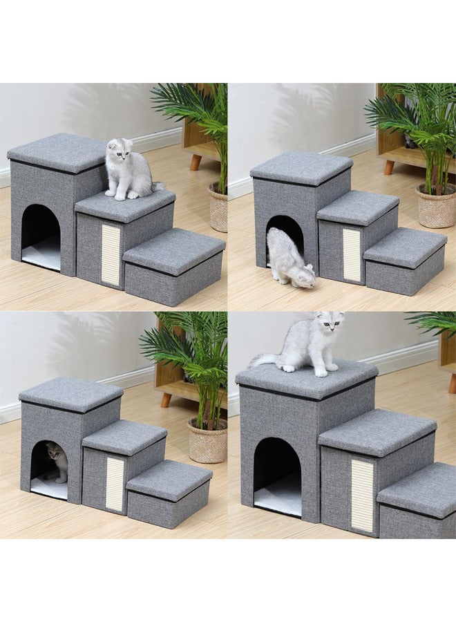 Dog Stairs with Pet House,3-Step Foldable Storage Indoor Dog Steps withScratcher for Puppy,Cats(Grey -House)